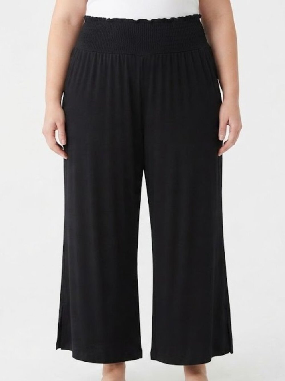Black Flowy Elastic Waist Wide-Leg Pants